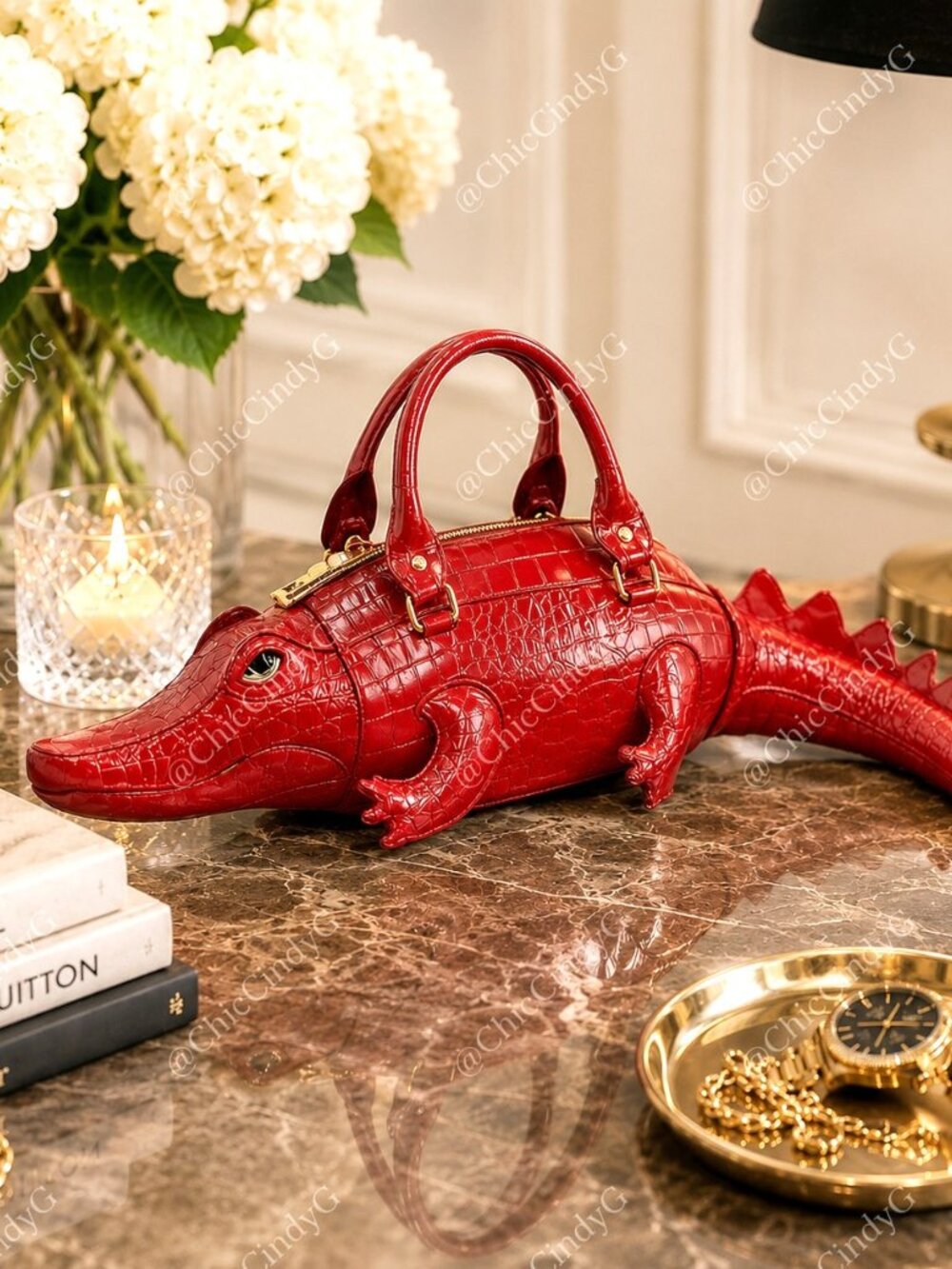 Red Alligator Crocodile Novelty Handbag Purse w/ Strap Statement Bag - Picture 7 of 9
